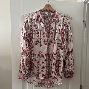 Noha Floral Split-Neck Blouse - White with Red Floral Print